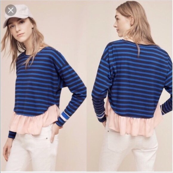 Anthropologie Tops - ANTHROPOLOGIE Deletta Blue Striped Peplum Top S